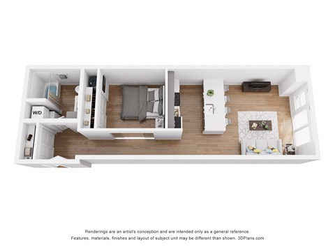 a stylized floor plan of a 1 bedroom apartment